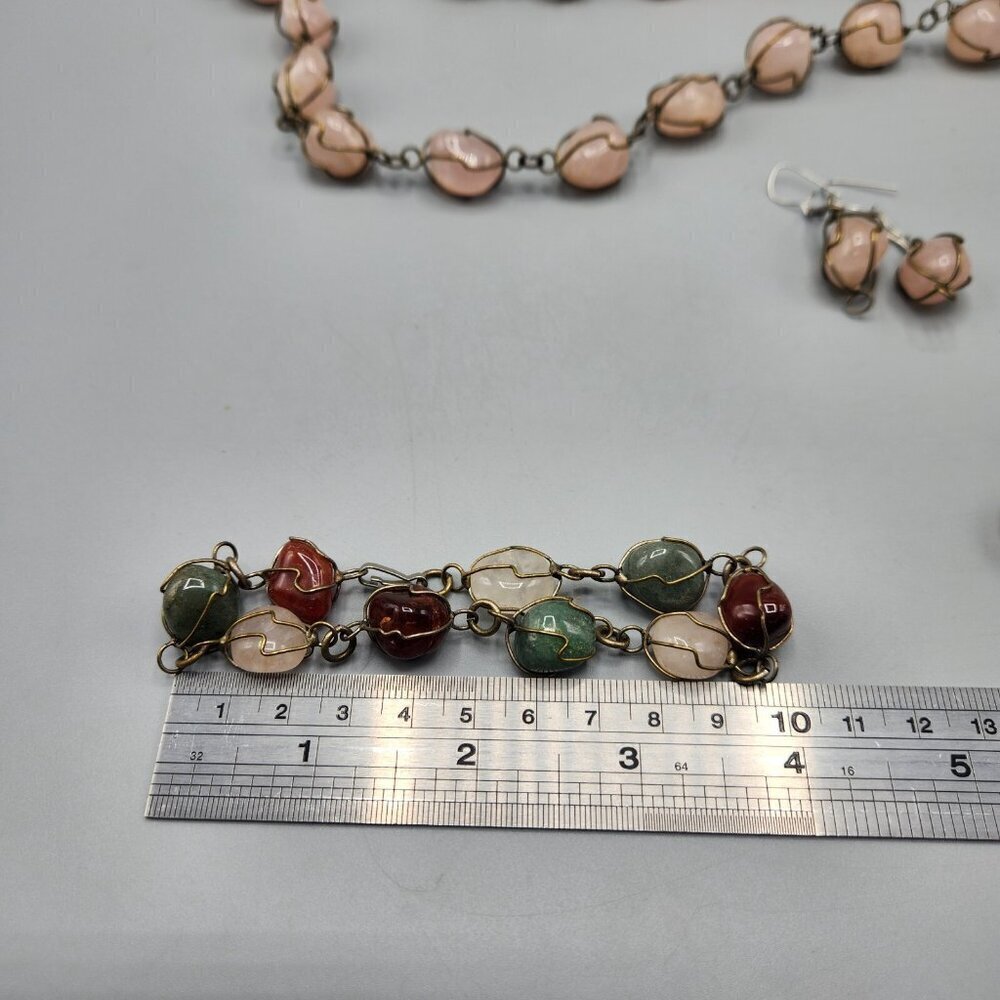 Caged Rose Quartz Necklace Wire Wrapped Polished Stones Bracelet Earrings Ring - Picture 7 of 11
